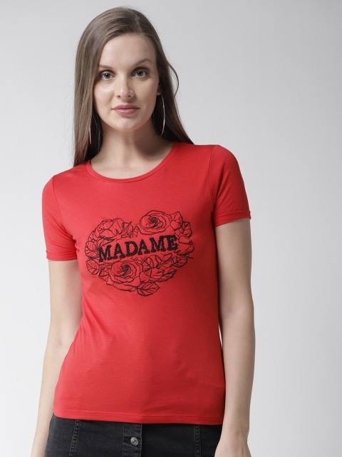 

Madame Women Red Embroidered Round Neck T-shirt