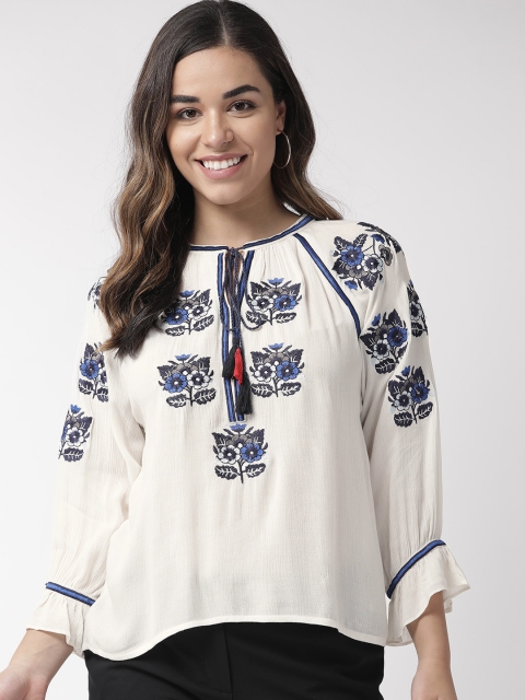 

Madame Women White & Blue Embroidered Pure Cotton Top