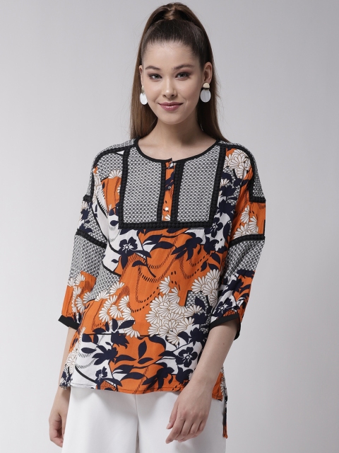 

Madame Women Navy Blue & Orange Printed Top