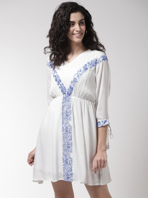 

Madame Women White & Blue Embroidered A-Line Dress