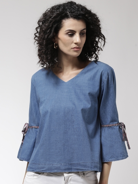 

Madame Women Blue Solid Chambray Pure Cotton Top