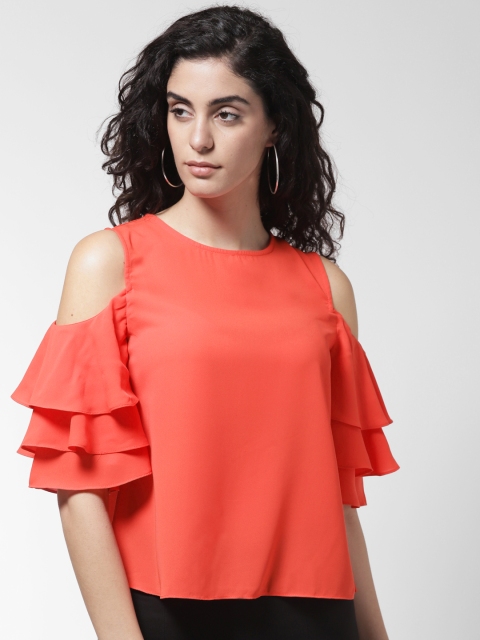 

Madame Women Coral Orange Solid A-Line Top