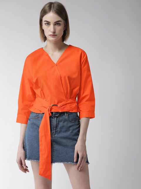 

Madame Women Orange Solid Wrap Pure Cotton Top