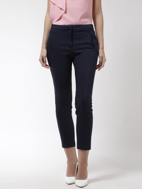 

Madame Women Navy Blue Regular Fit Solid Cropped Cigarette Trousers