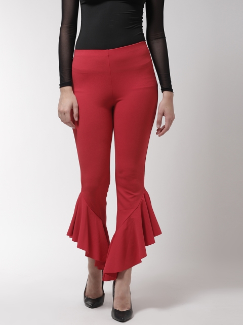 

Madame Women Red Flared Solid Bootcut Trousers