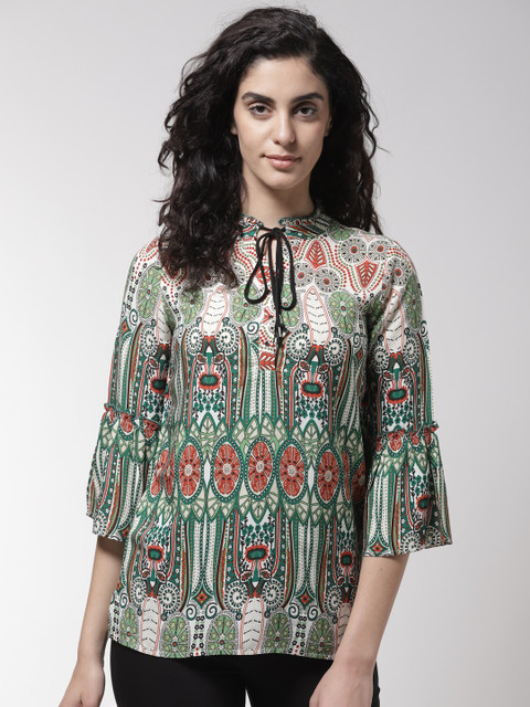 

Madame Women Off-White & Green Printed Top