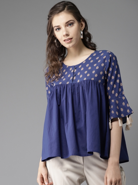 

HERE&NOW Women Navy Blue & Beige Printed Detail A-Line Top