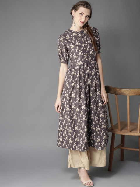 

Moda Rapido Women Charcoal Grey & Beige Floral Print A-line Kurta