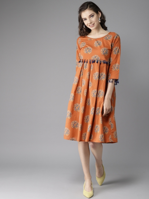 

HERE&NOW Women Rust Orange & Blue Empire Dress
