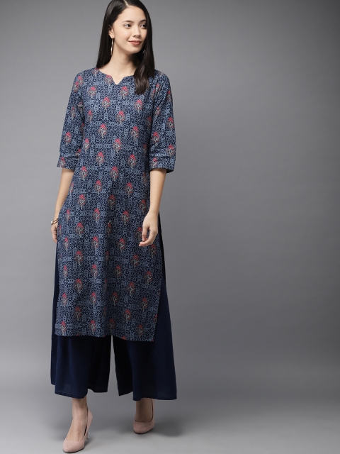 

HERE&NOW Women Navy Blue Printed Kurta with Pyjamas