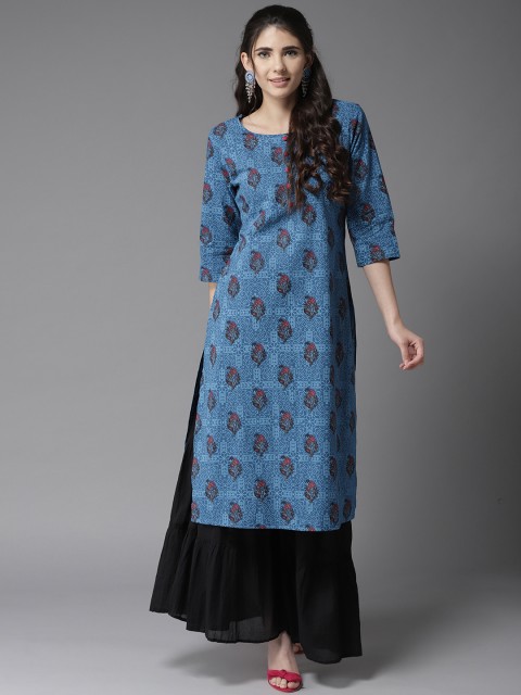 

HERE&NOW Women Blue & Pink Printed Straight Kurta
