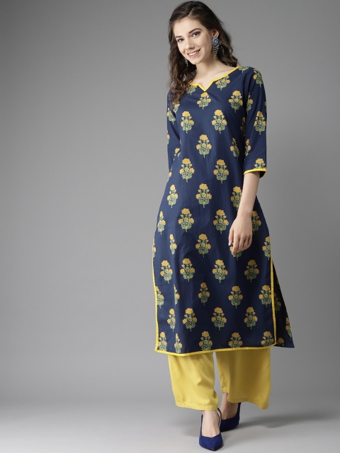 

HERE&NOW Women Navy Blue & Yellow Printed Straight Kurta