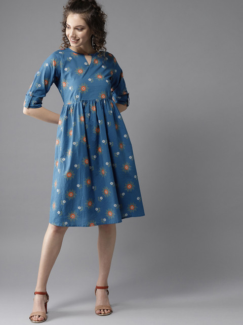 

HERE&NOW Women Blue & Orange Printed A-Line Dress