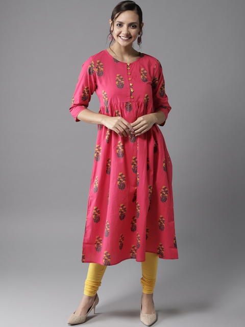 

HERE&NOW Women Pink & Mustard Yellow Printed A-Line Kurta