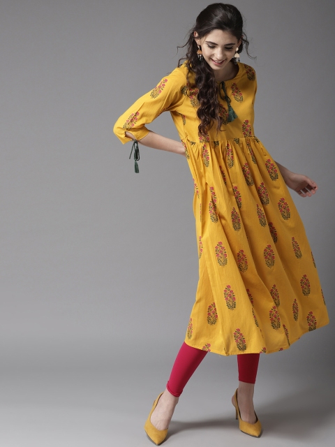 

HERE&NOW Women Mustard Yellow & Green Printed A-Line Kurta