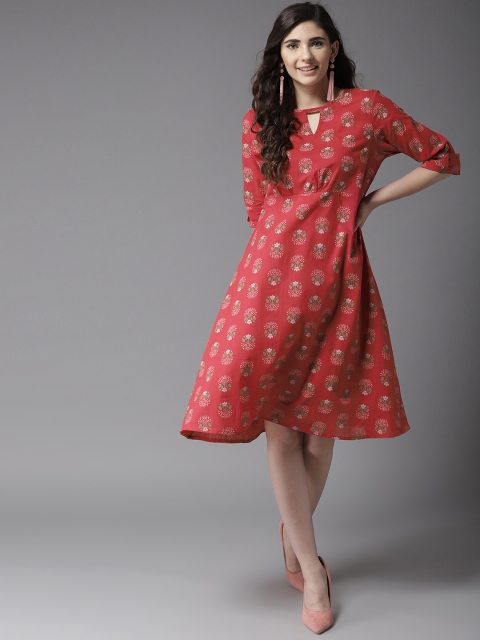 

HERE&NOW Women Red Floral Print A-Line Dress
