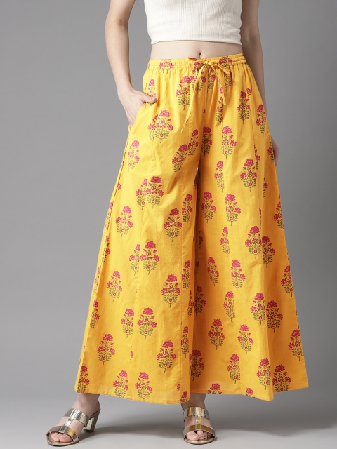 

HERE&NOW Women Mustard Yellow & Pink Printed Wide Leg Palazzos