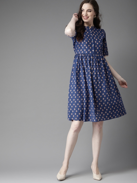 

HERE&NOW Women Navy Blue & Beige A-Line Dress