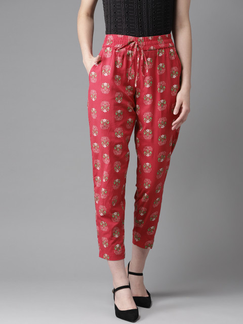 

HERE&NOW Women Pink & Green Regular Fit Printed Trousers