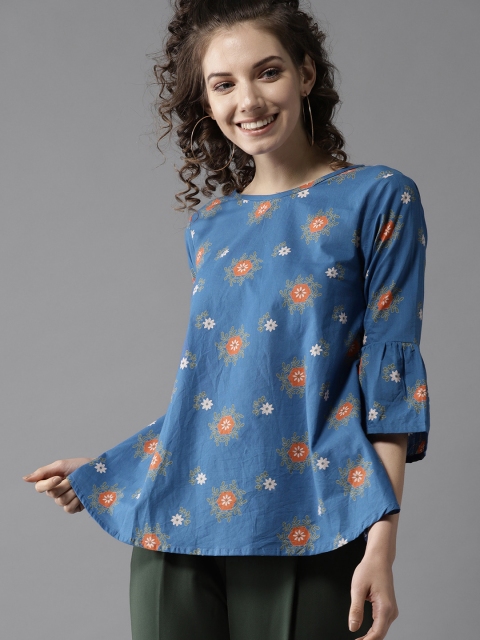 

HERE&NOW Women Blue & Orange Printed A-Line Top