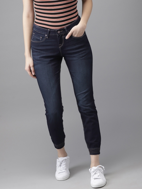 

HERE&NOW Women Navy Blue Jogger Fit Mid-Rise Clean Look Stretchable Cropped Jeans