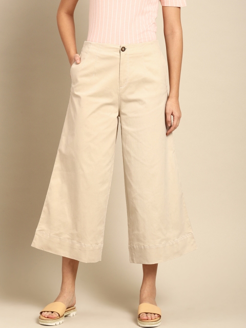 

ether Women Beige Wide Leg Culottes with Contrast Stitch Detail