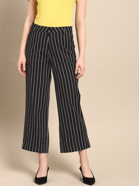

ether Women Black & White Regular Fit Striped Cropped Parallel Trousers