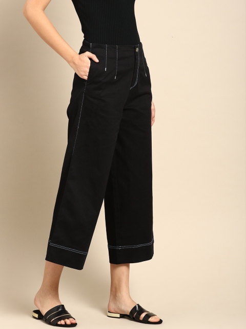 

ether Women Black Wide Leg Culottes with Contrast Stitch Detail