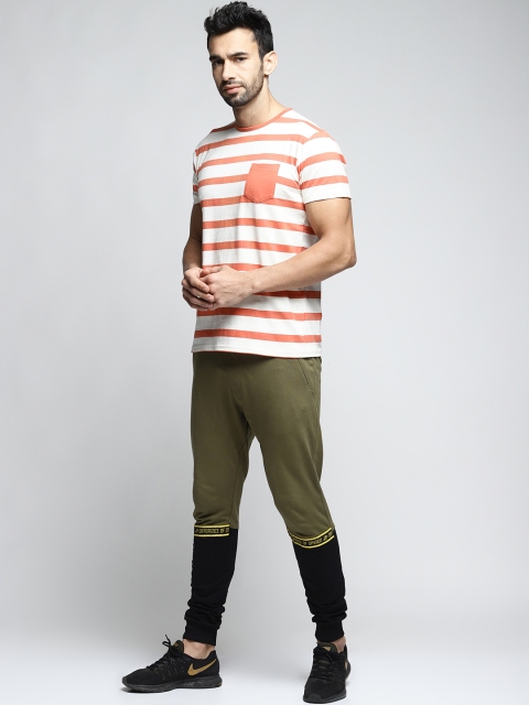 

DILLINGER Men White & Coral Orange Striped Round Neck T-shirt