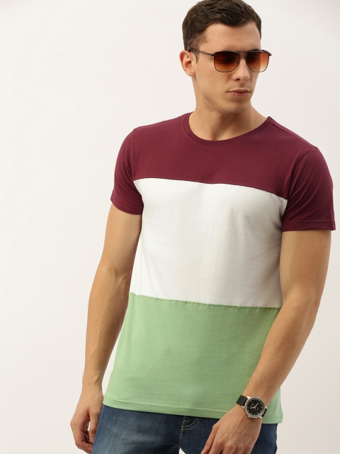 

DILLINGER Men Maroon White Colourblocked Round Neck Pure Cotton T-shirt