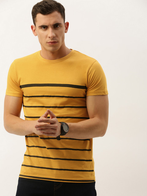 

DILLINGER Men Mustard Yellow Black Striped Round Neck Pure Cotton T-shirt