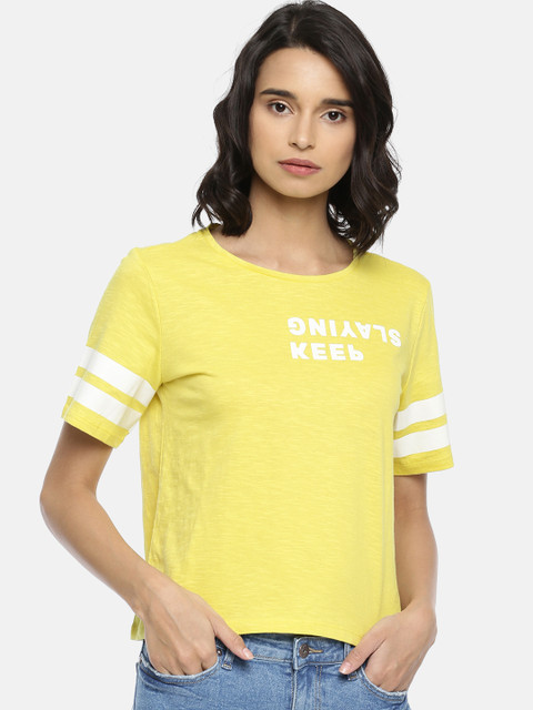 

People Women Lime Green Printed Round Neck T-shirt