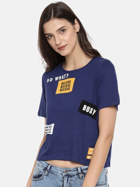 

People Women Navy Blue Printed Round Neck Cropped Pure Cotton T-shirt
