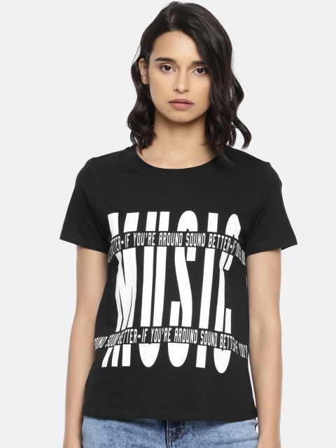 

People Women Black White Printed Round Neck Pure Cotton T-shirt