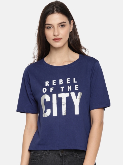 

People Women Navy Blue Printed Round Neck T-shirt