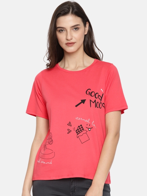 

People Women Pink Printed Round Neck Pure Cotton T-shirt