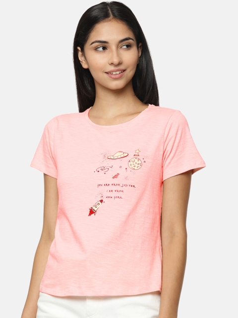 

People Women Pink Printed Round Neck T-shirt