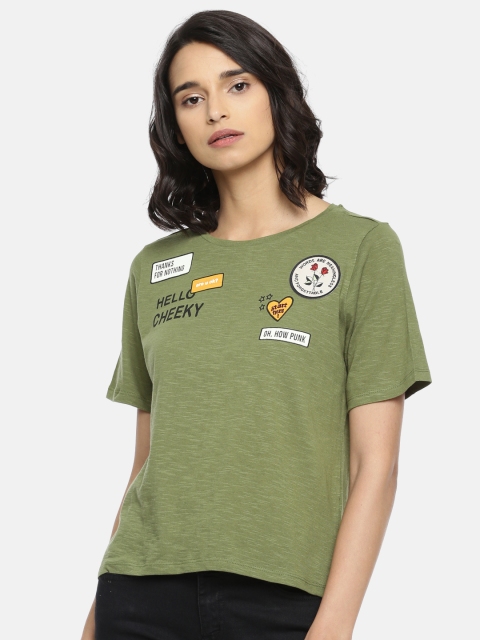 

People Women Olive Green Printed Round Neck Pure Cotton T-shirt