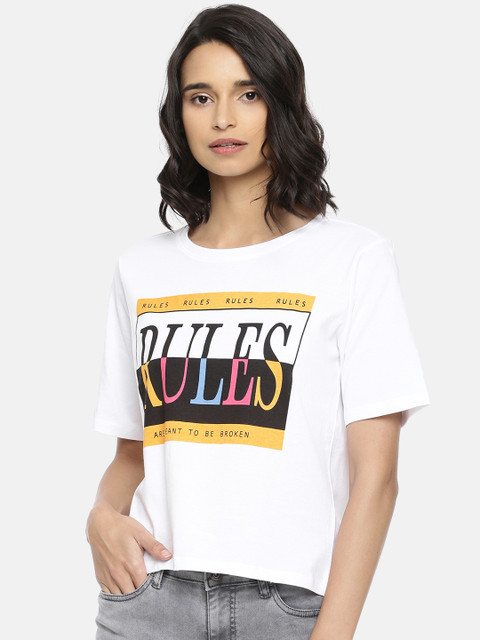 

People Women White & Black Printed Round Neck T-shirt