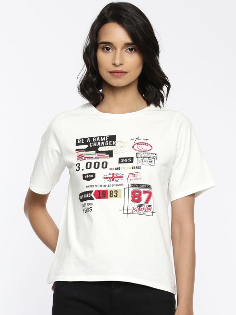 

People Women White & Black Printed Round Neck T-shirt