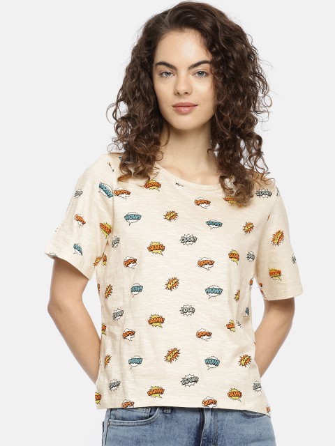 

People Women Beige Printed Round Neck Pure Cotton T-shirt
