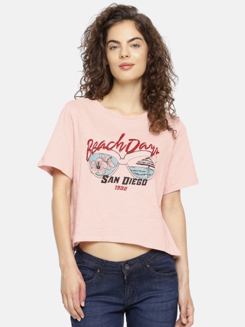 

People Women Pink Printed Round Neck Cropped T-shirt