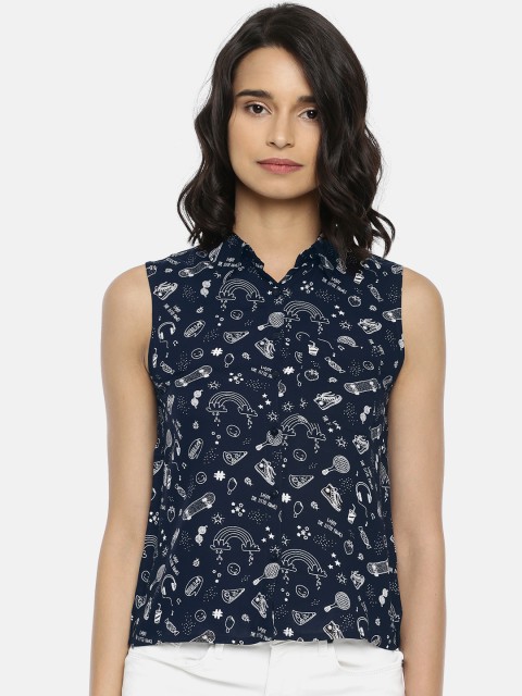 

People Women Navy Blue & White Printed Regular Fit Casual Shirt