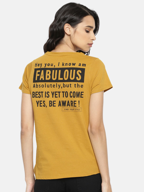 

People Women Mustard Yellow & Black Printed Round Neck T-shirt