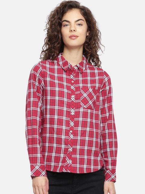 

People Women Red & White Regular Fit Checked Casual Shirt