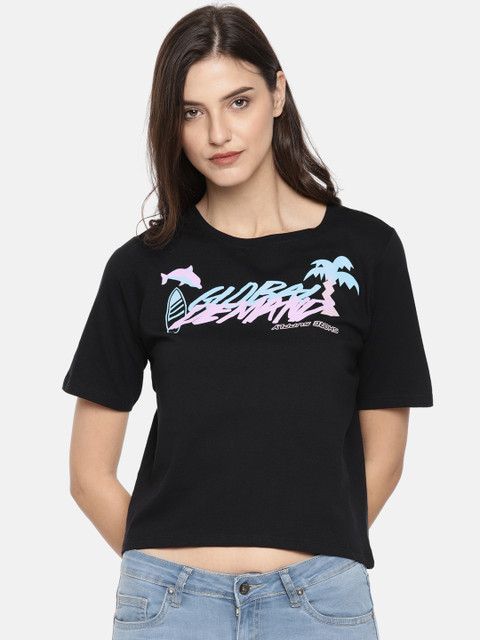 

People Women Black Printed Round Neck Cropped T-shirt
