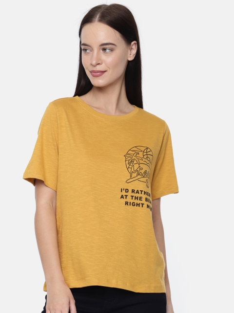 People Women Mustard Printed Round Neck T-shirt