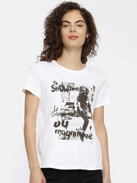 

People Women White Printed Round Neck Pure Cotton T-shirt