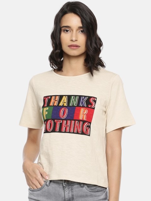 

People Women Beige & Black Printed Round Neck T-shirt
