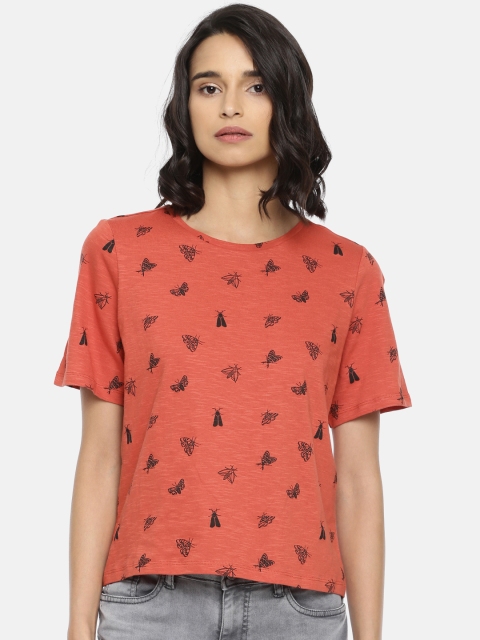 

People Women Rust Red Printed Polo Collar T-shirt